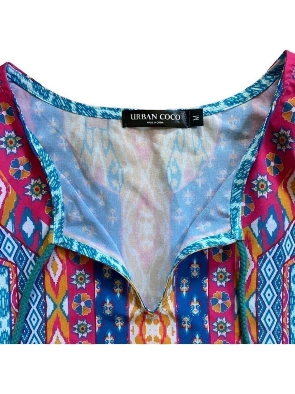 Urban Coco Blue Multicolor Ruche Sleeve Swim Coverup Dress with Tassels Medium - Picture 5 of 14